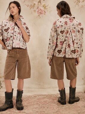 NWT Free People Opal Swing Printed Denim Jacket XS Tea Combo Floral Hearts